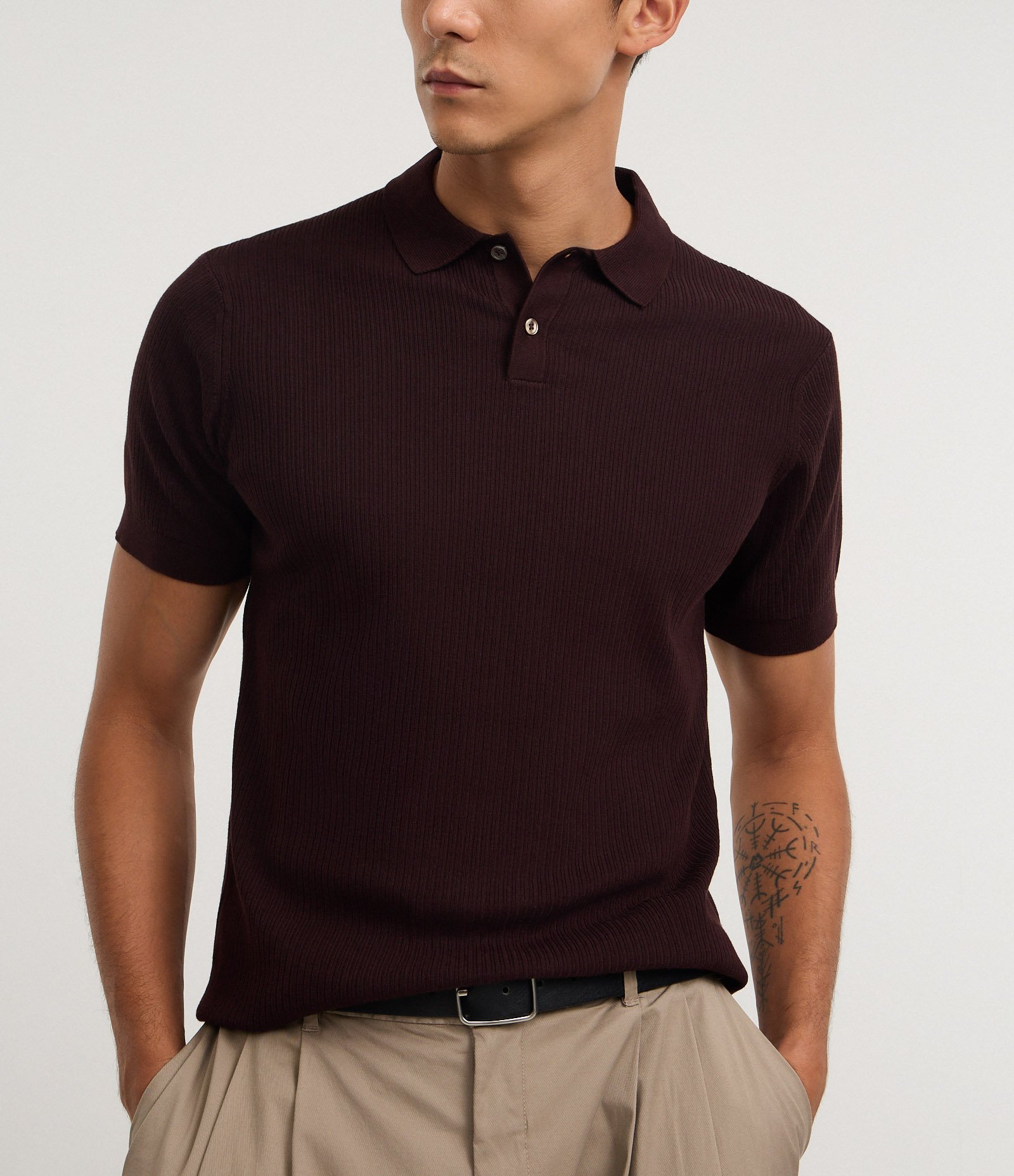 Camisa Polo Manga Curta com Textura Vertical Marrom 4