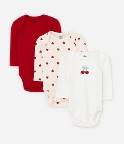 Kit 03 Bodies Infantis com Estampa Cerejinha e Coração - Tam RN a 18 meses