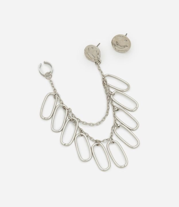Brinco Ear Cuff Assimétrico com Correntes e Brinco Botão