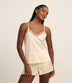 Pijama Short Doll em Cetim Poá com Detalhe de Renda