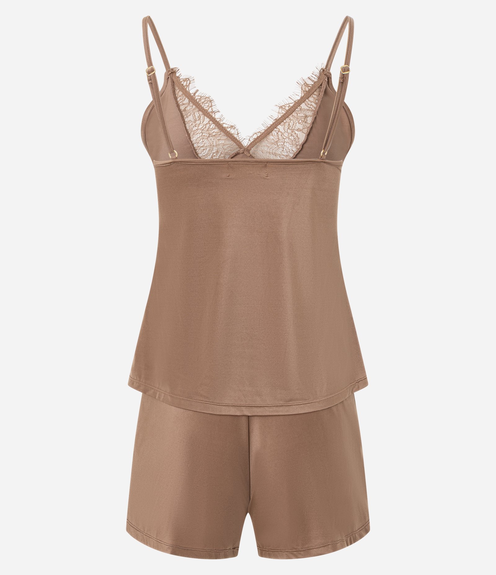 Pijama Short Doll em Microfibra Acetinada com Detalhe de Renda Bege 8