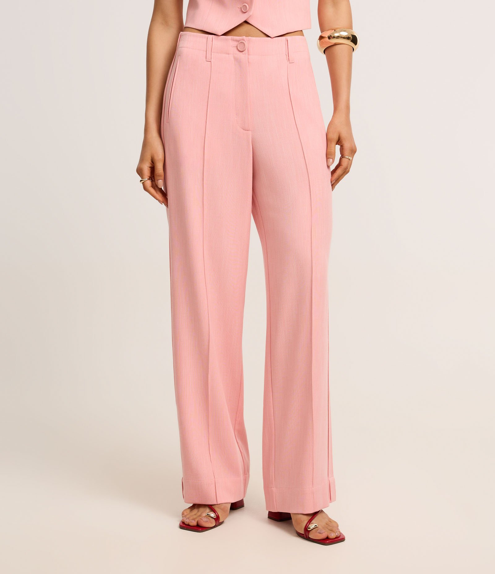 Calça Wide Leg Alfaiatada em Viscose com Frisos Rosa 3