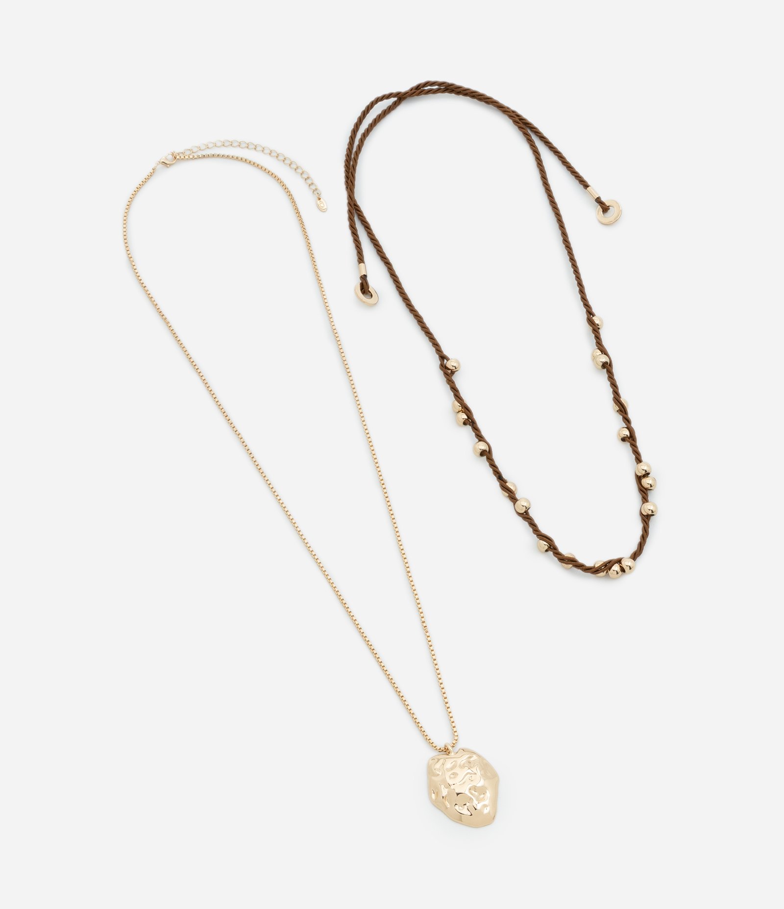 Colar Camadas com Pingente Orgânico Martelado e Cordão com Esferas Dourado/Marrom 3