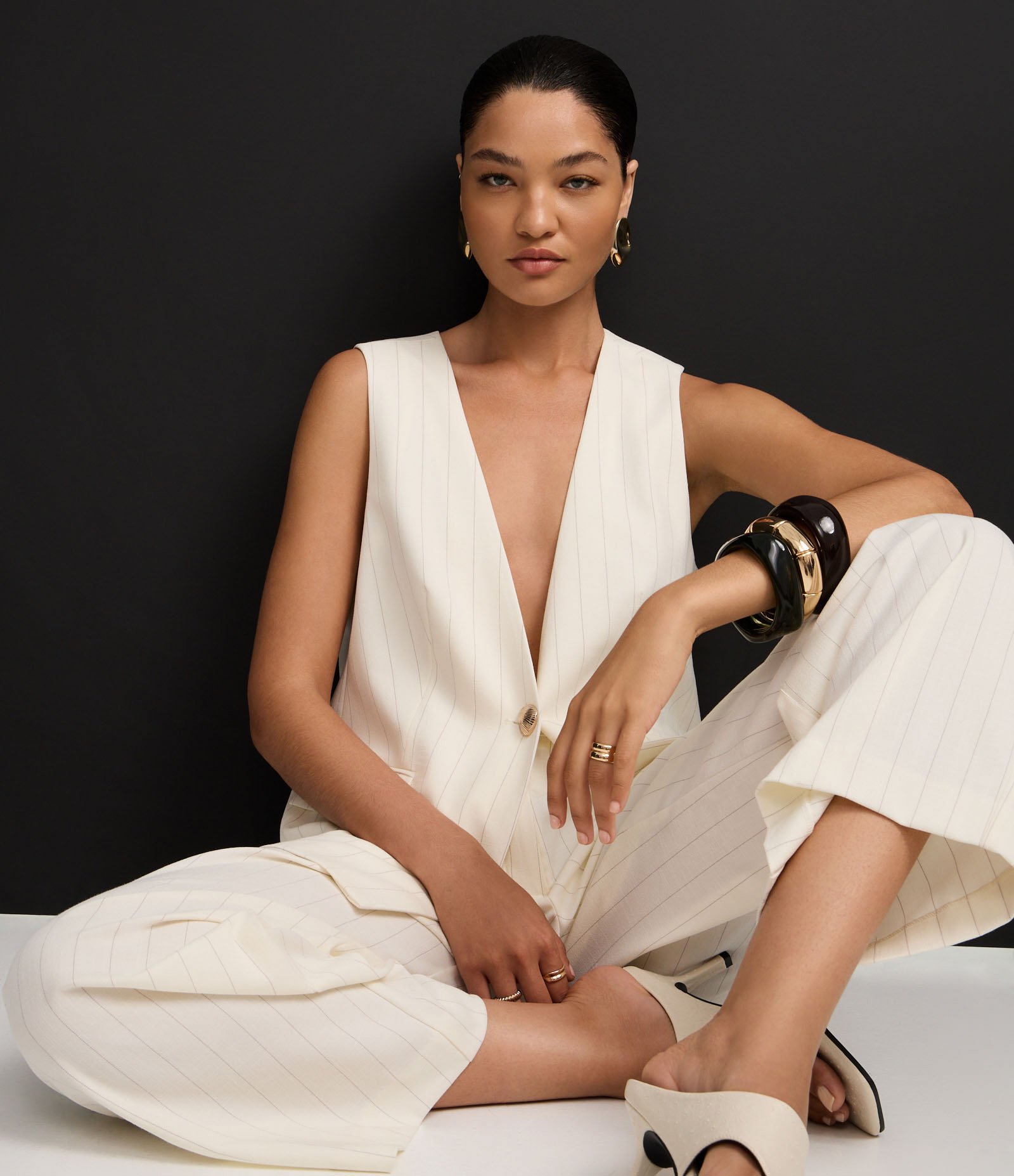 Calça Reta Alfaiatada Cintura Alta em Viscose com Listras Off White 6