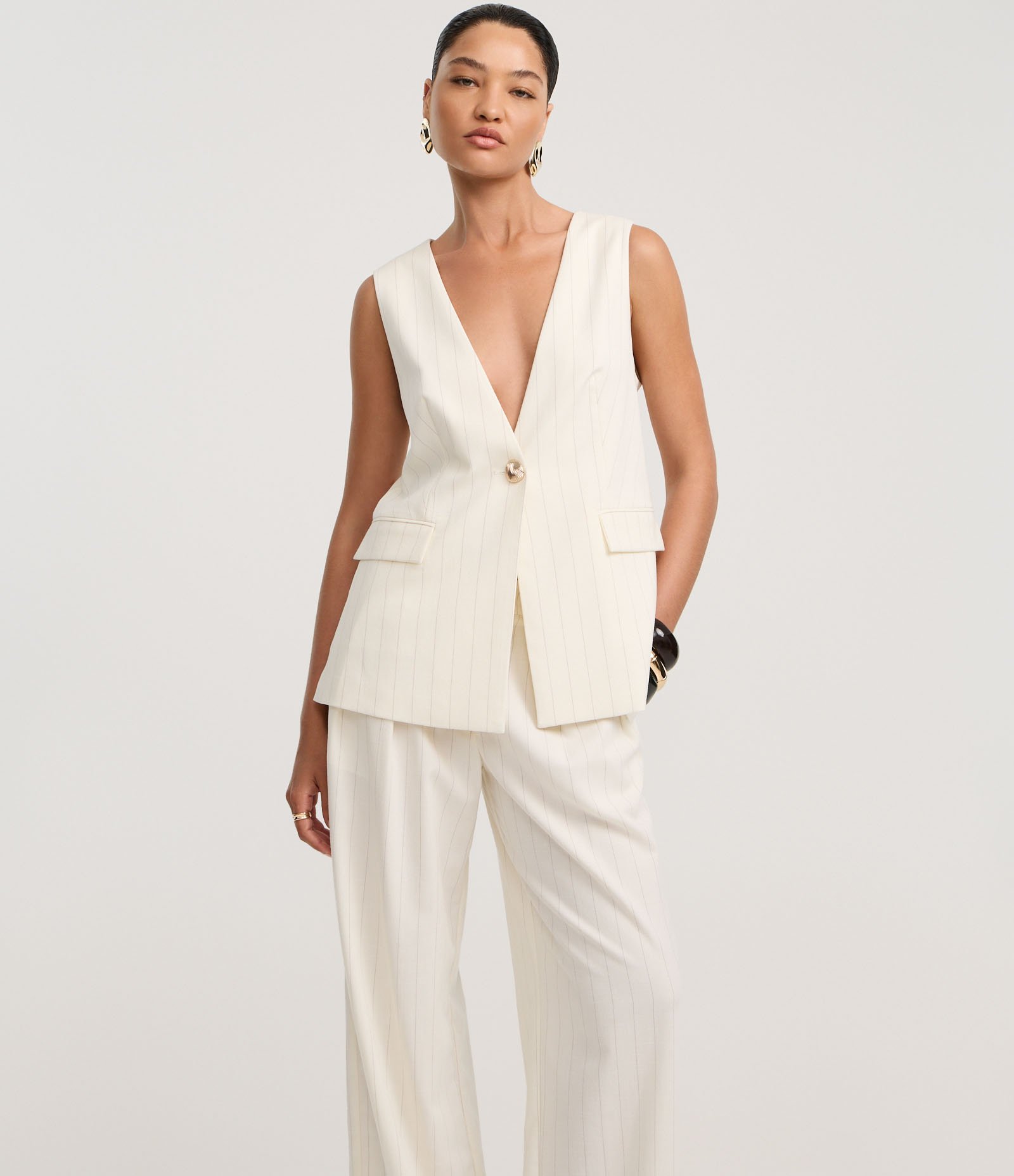 Calça Reta Alfaiatada Cintura Alta em Viscose com Listras Off White 2