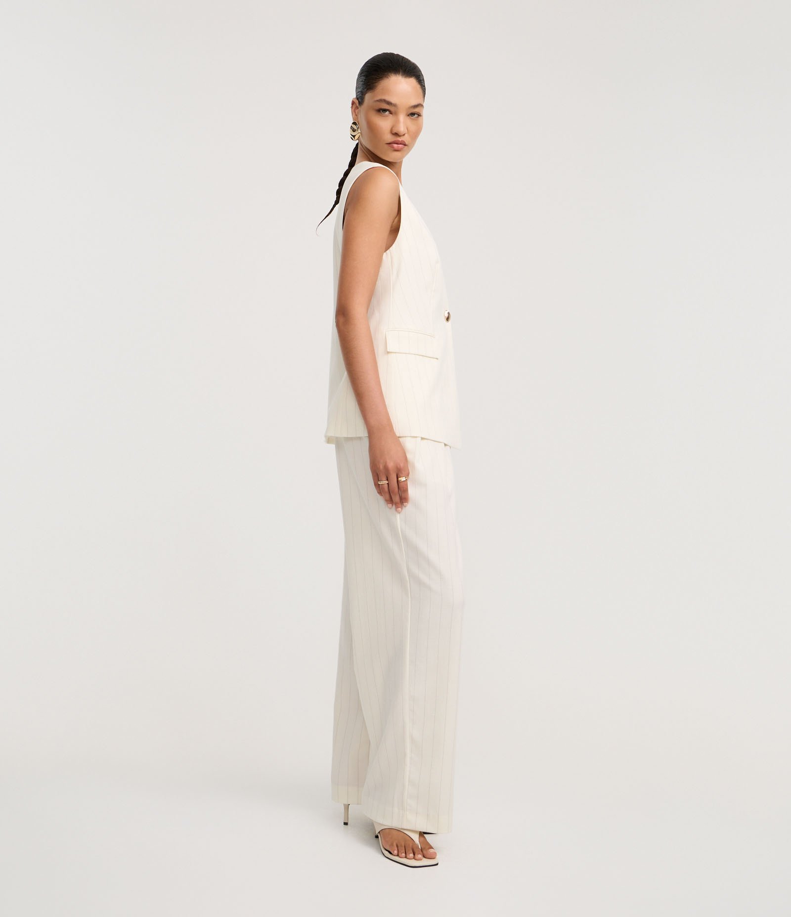 Calça Reta Alfaiatada Cintura Alta em Viscose com Listras Off White 5