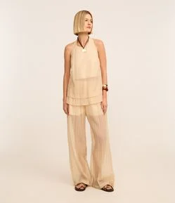 Calça Wide Leg em Liocel com Cintura Alta e Textura