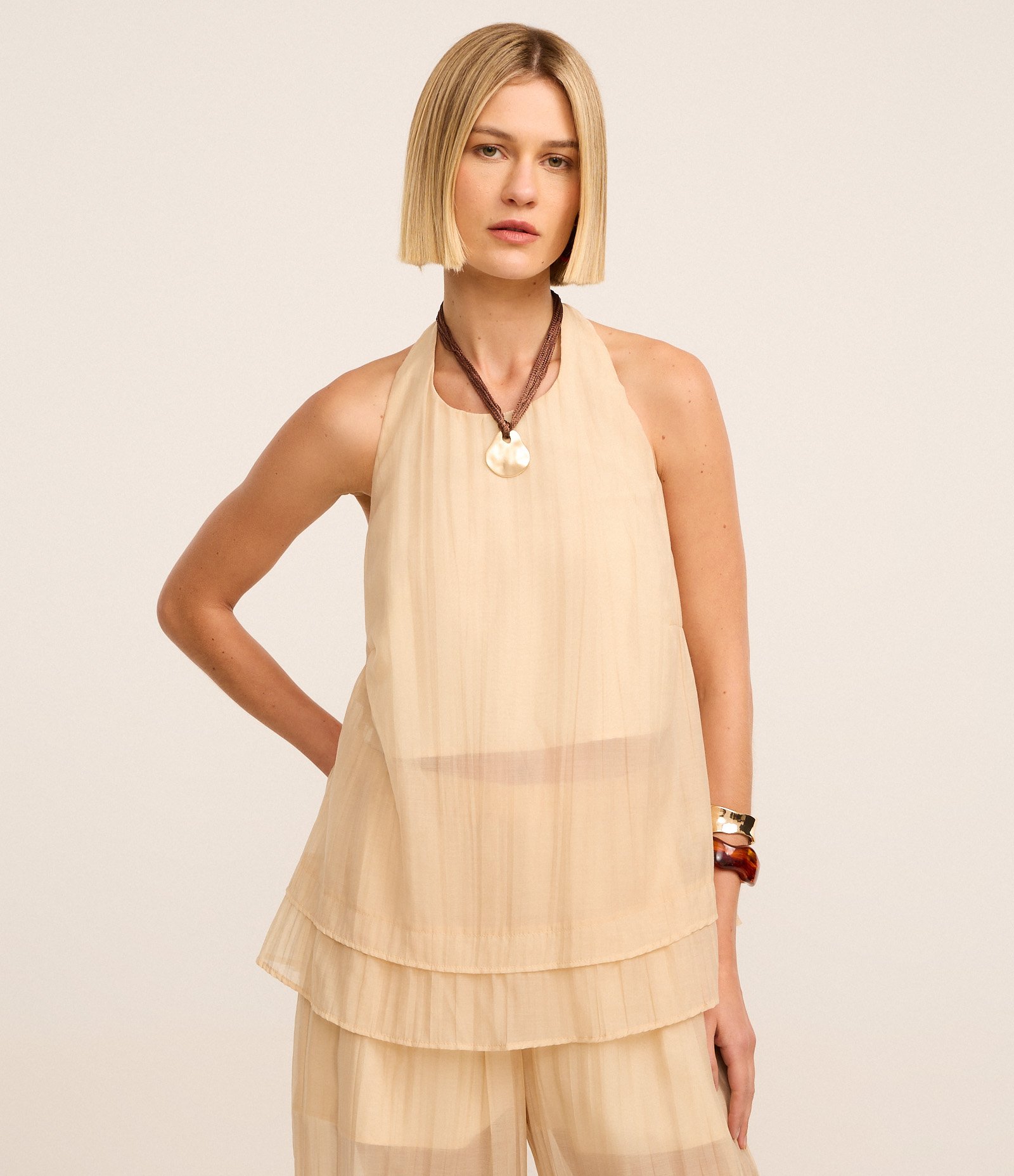 Blusa Alongada em Liocel Frente Única Bege 1