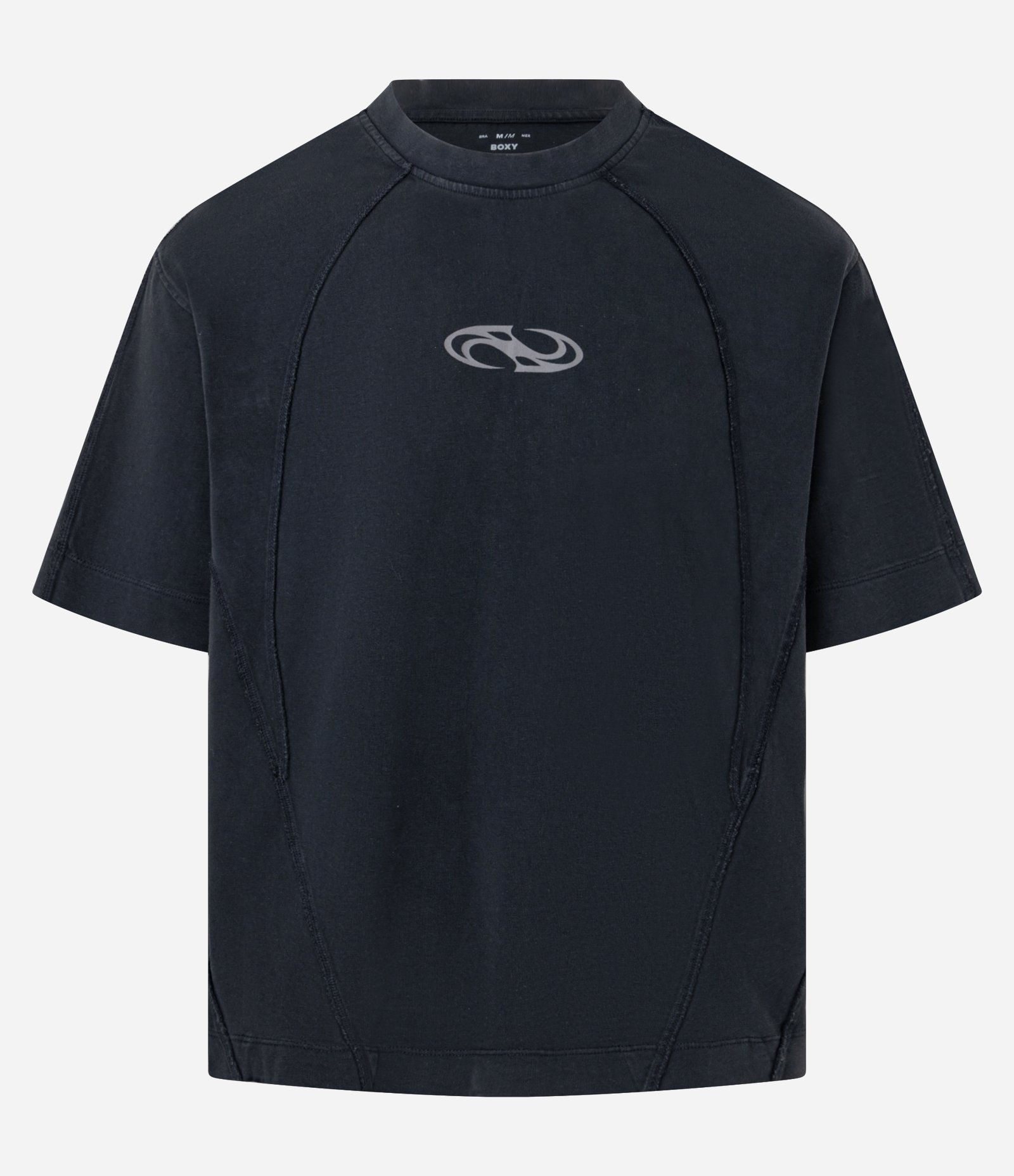 Camiseta Boxy em Algodão com Estampa Lettering e Listras em Recortes Preto 1