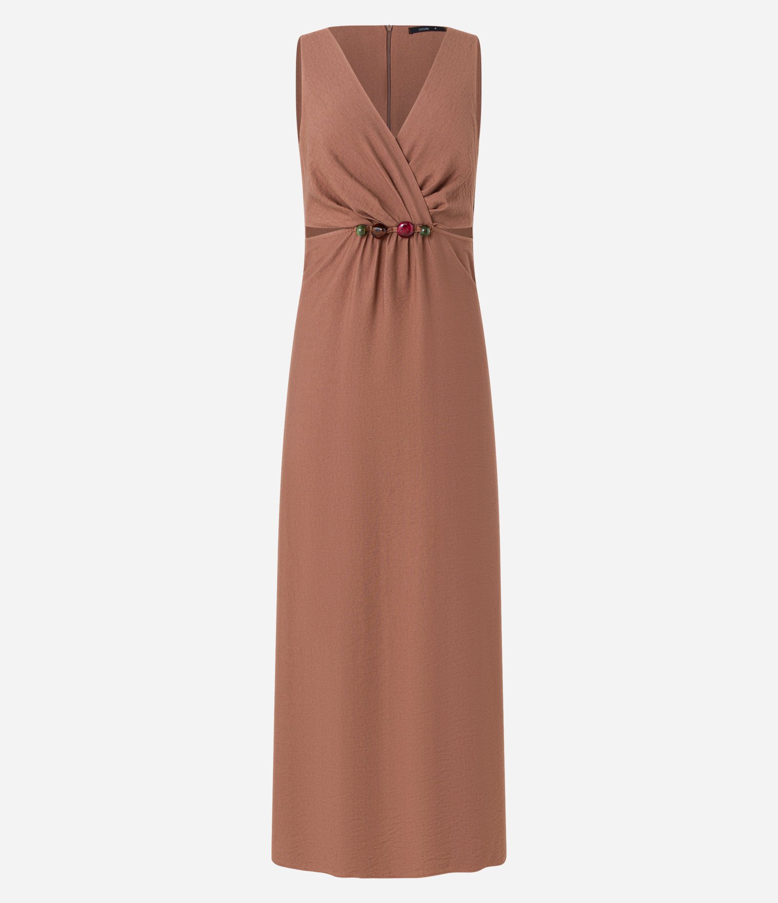 Vestido Evasê em Viscose com Miçangas e Vazados na Cintura Marrom 7