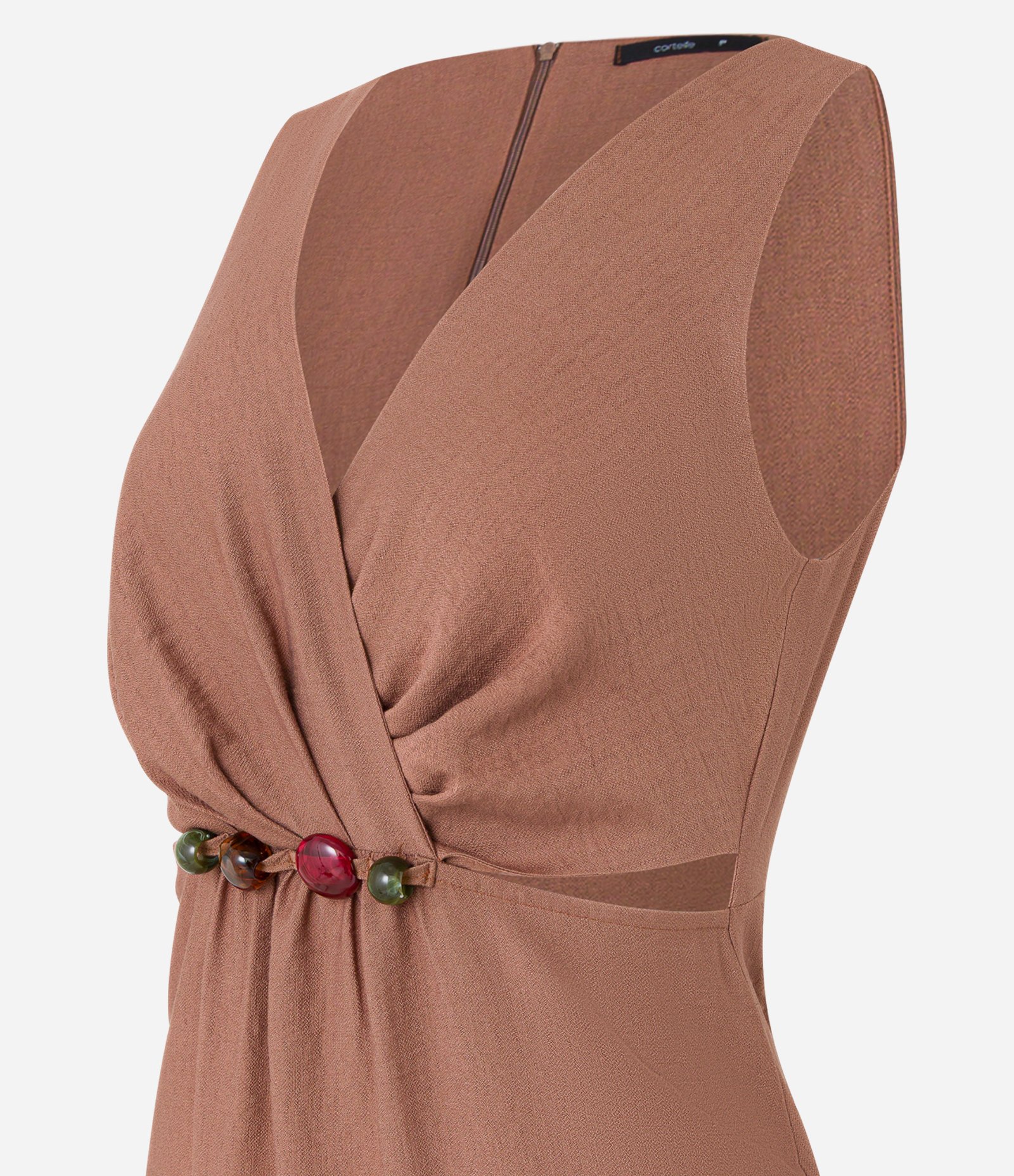 Vestido Evasê em Viscose com Miçangas e Vazados na Cintura Marrom 8