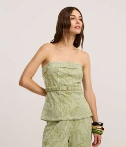 Blusa Sem Alça com Decote Virado e Bordado Bastrado