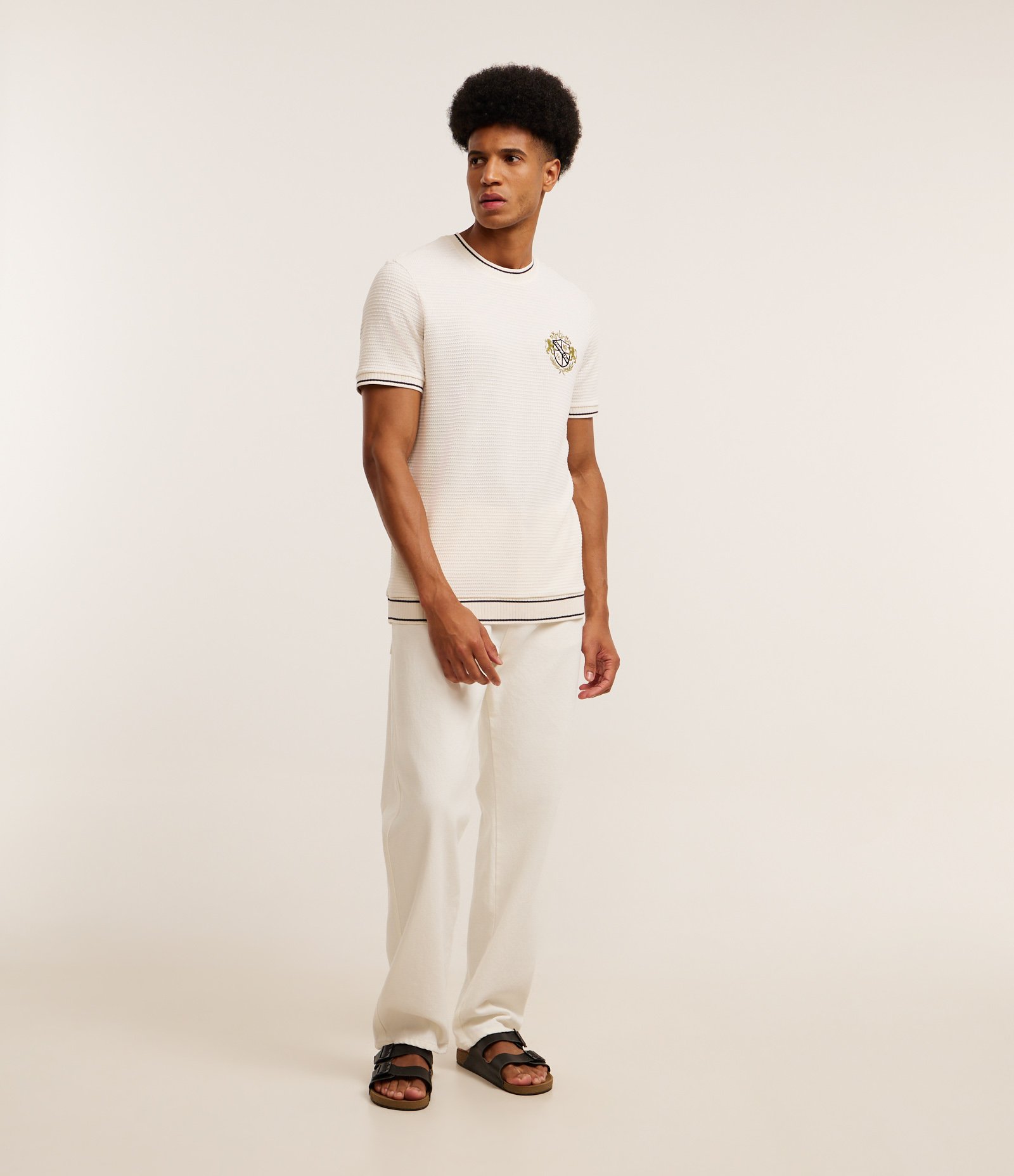 Camiseta Regular em Algodão com Estampa Localizada e Textura Bege 4