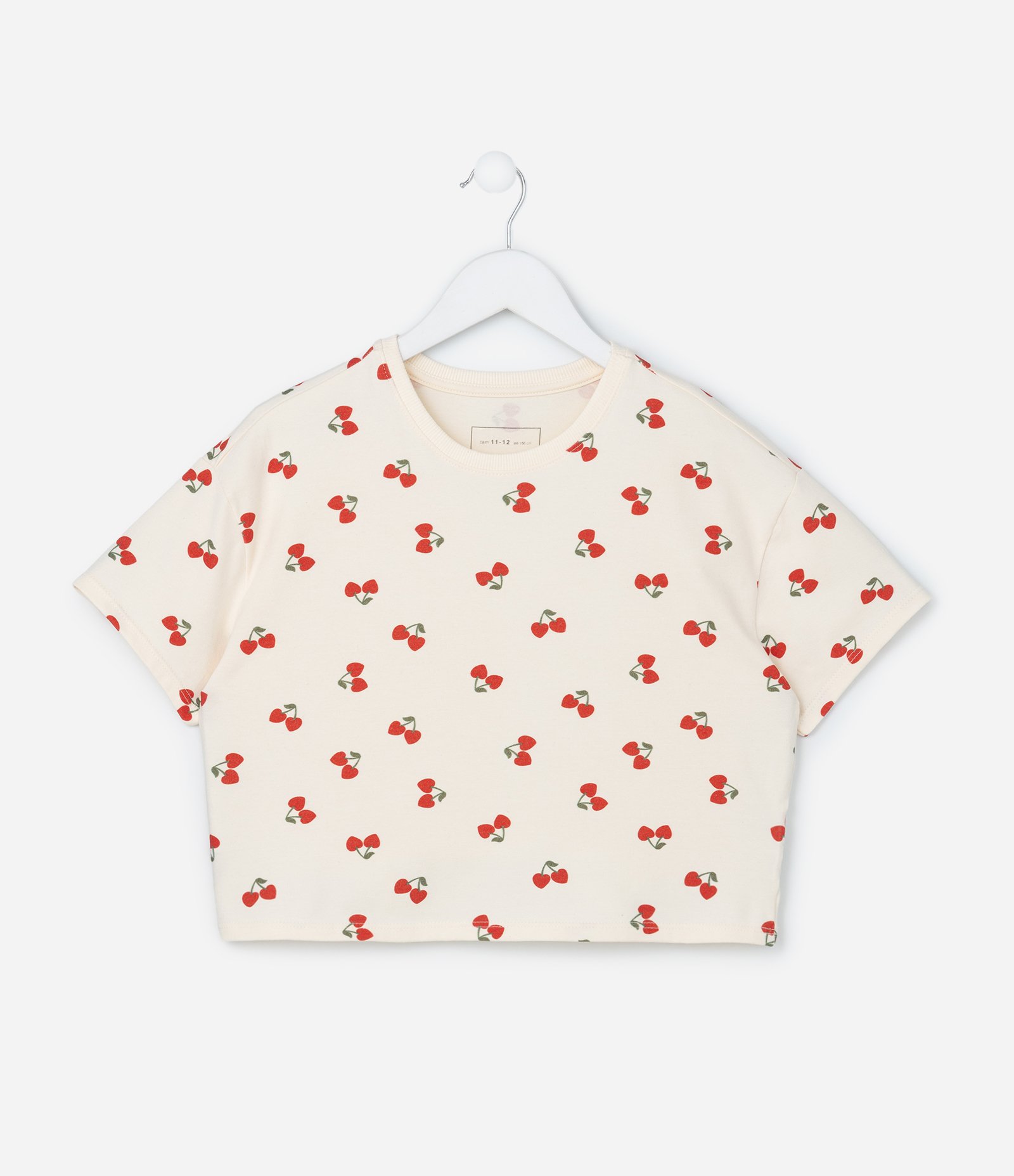Camiseta Curta Infantil com Estampa Cerejas - Tam 5 a 14 Anos Bege 1
