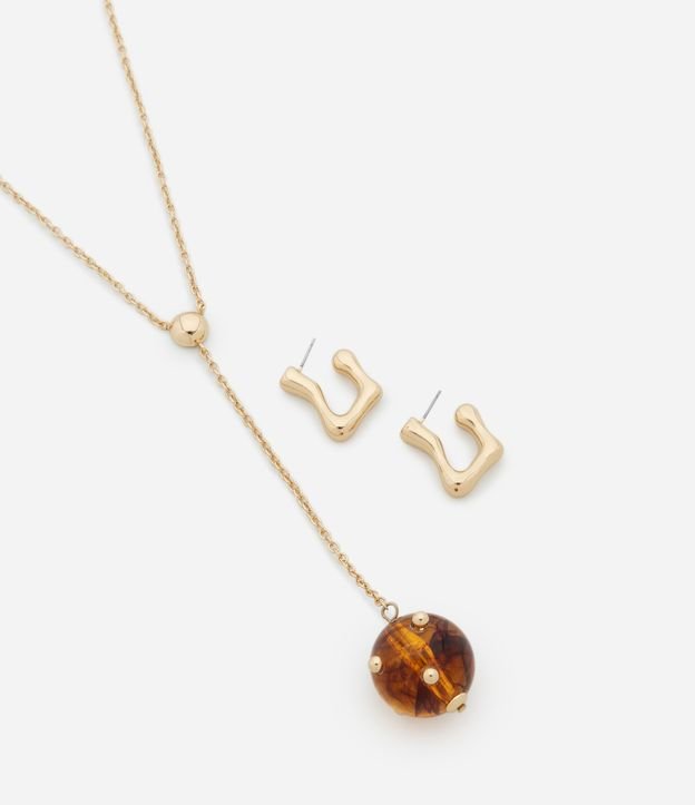 Conjunto de Colar Gravata com Pingente Esfera e Brinco Argola Orgânica