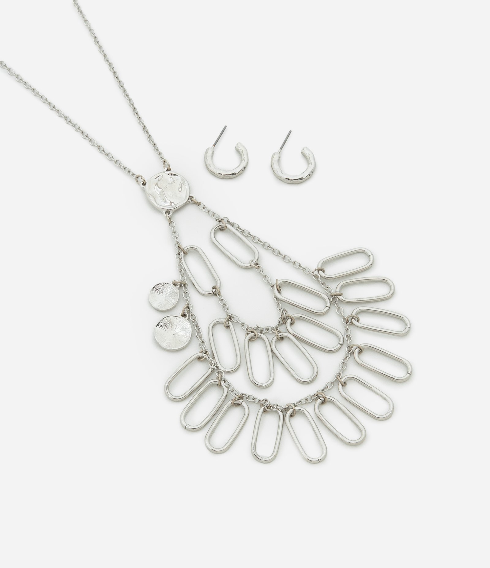Conjunto de Colar Longo com Elos e Pingentes e Brincos Argola Martelada Prata 2