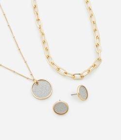 Conjunto de Colar Camadas com Corrente Fina e Elos e Brinco Botão com Brilho