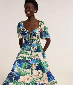 Vestido Longo Evasê com Amarração no Decote e Estampa Floral