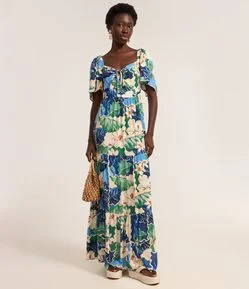 Vestido Longo Evasê com Amarração no Decote e Estampa Floral