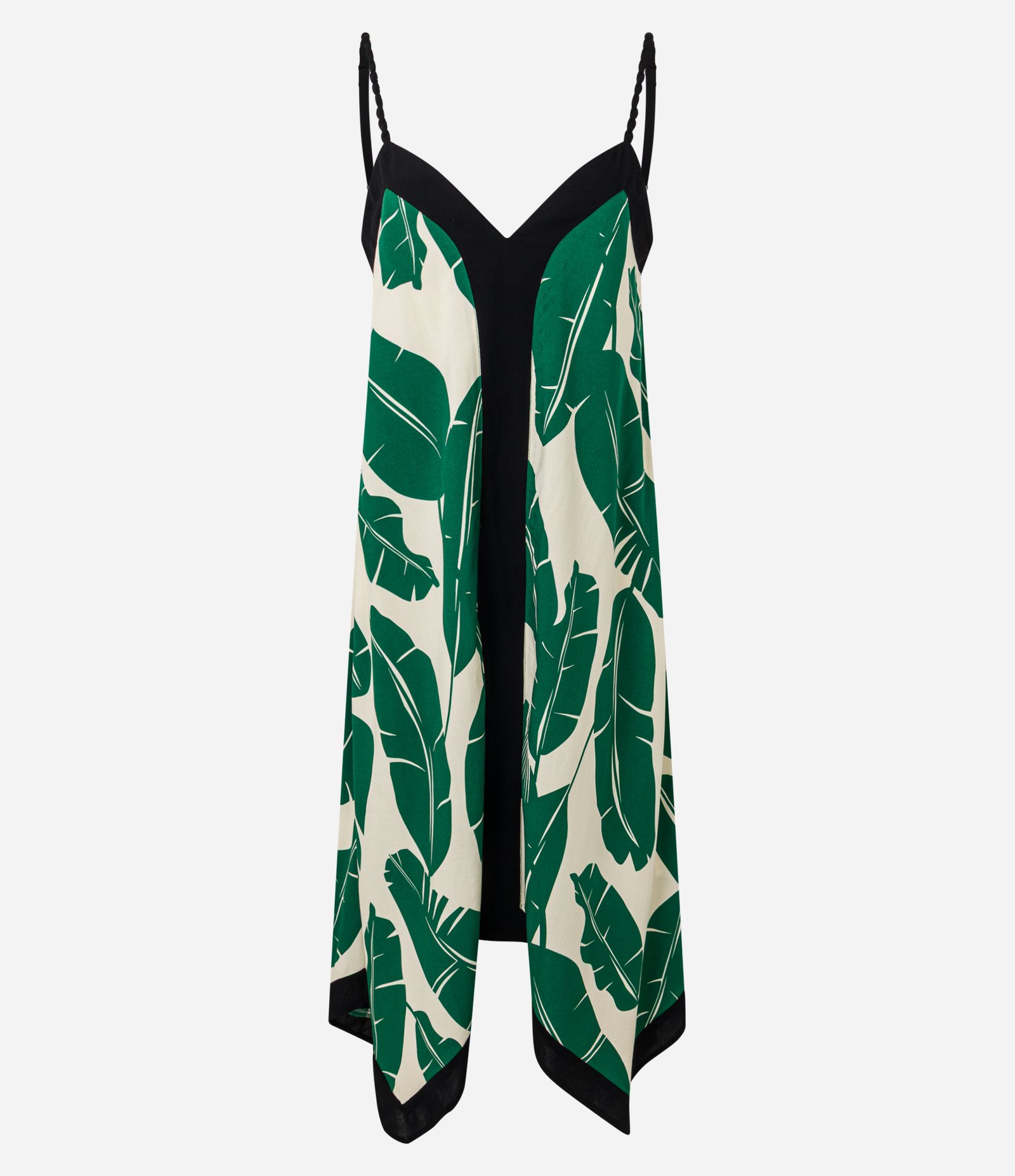 Vestido Midi com Estampa de Folhagem e Pontas Bege/Preto/Verde 4