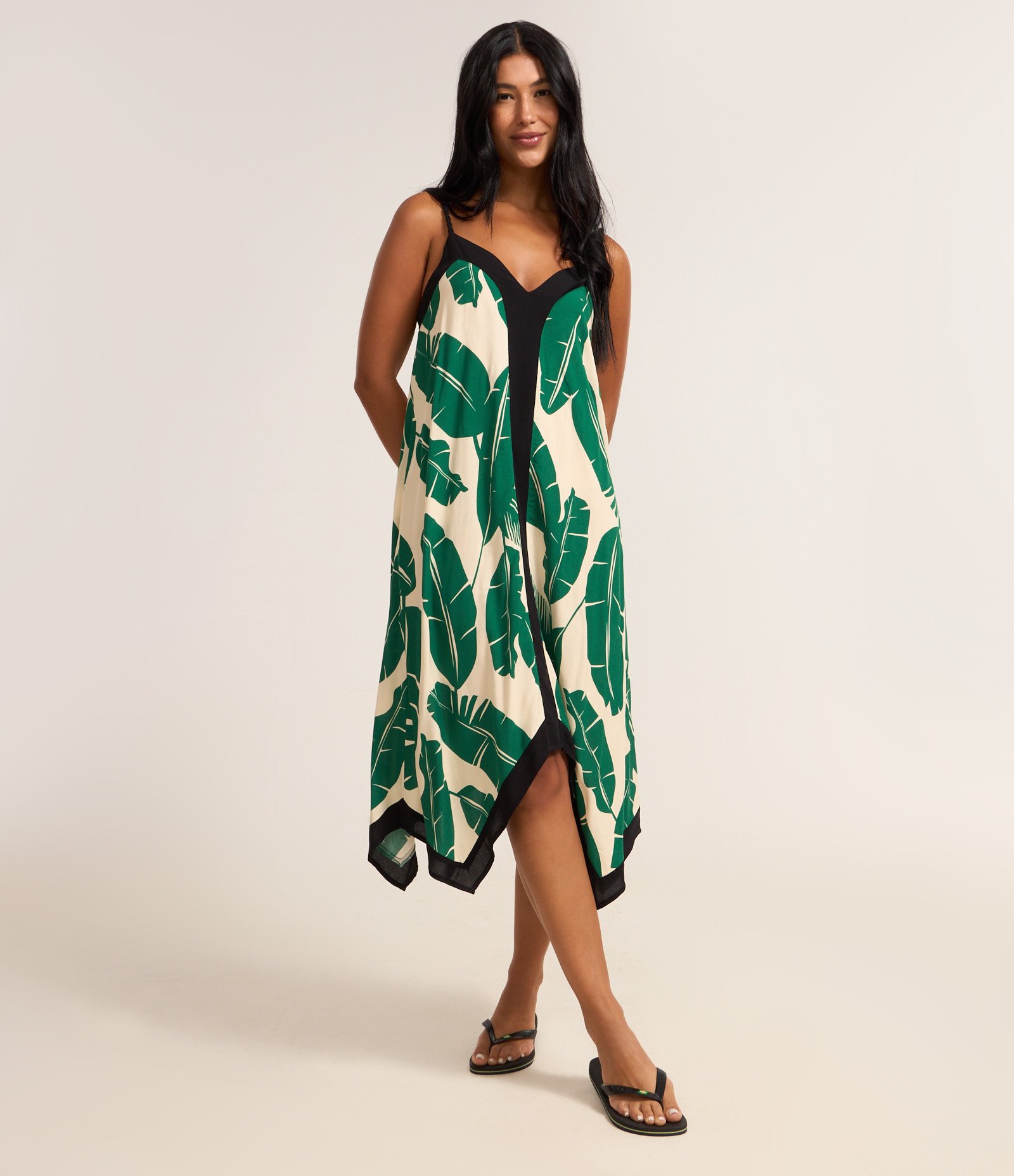 Vestido Midi com Estampa de Folhagem e Pontas Bege/Preto/Verde 1