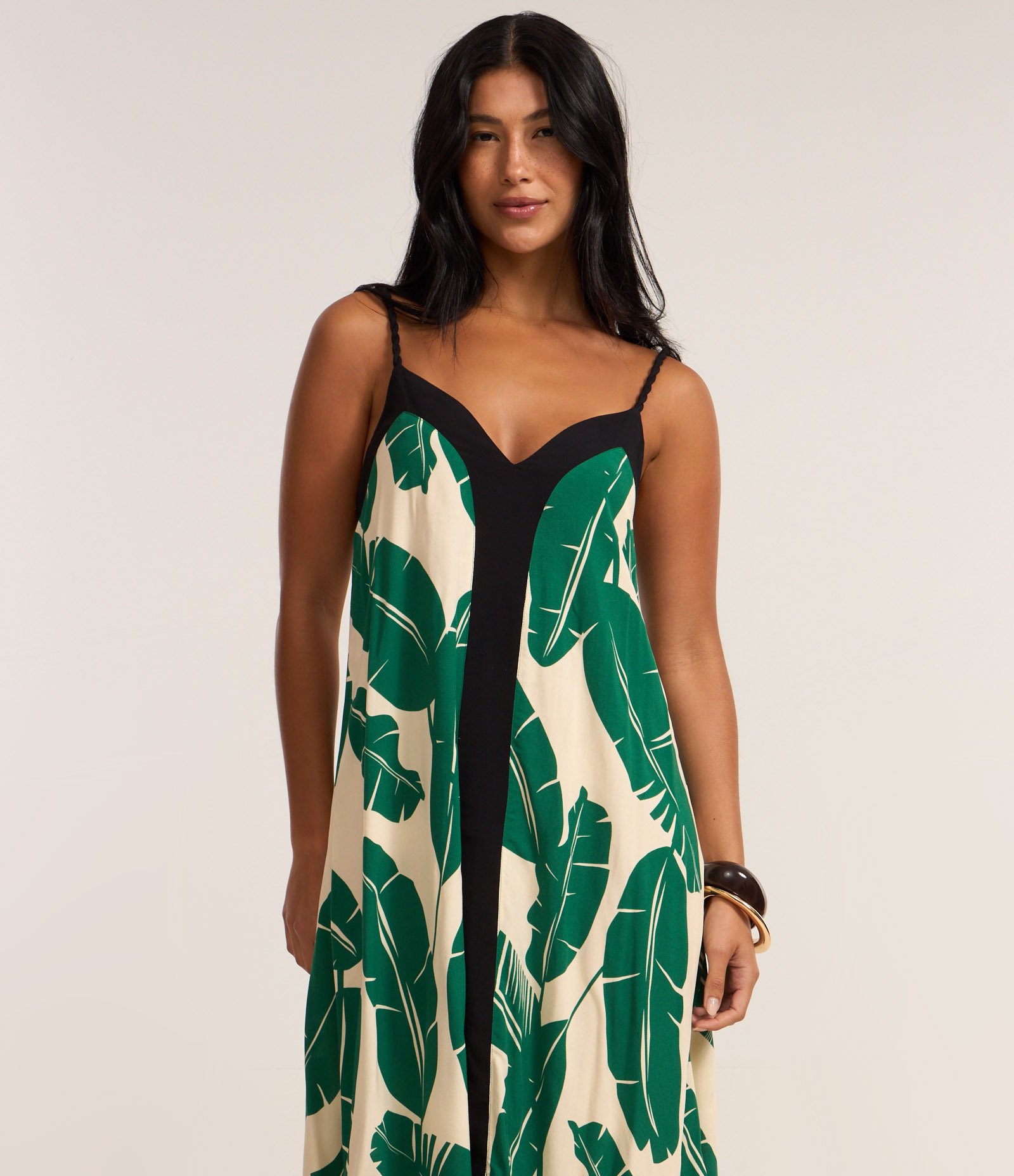 Vestido Midi com Estampa de Folhagem e Pontas Bege/Preto/Verde 2