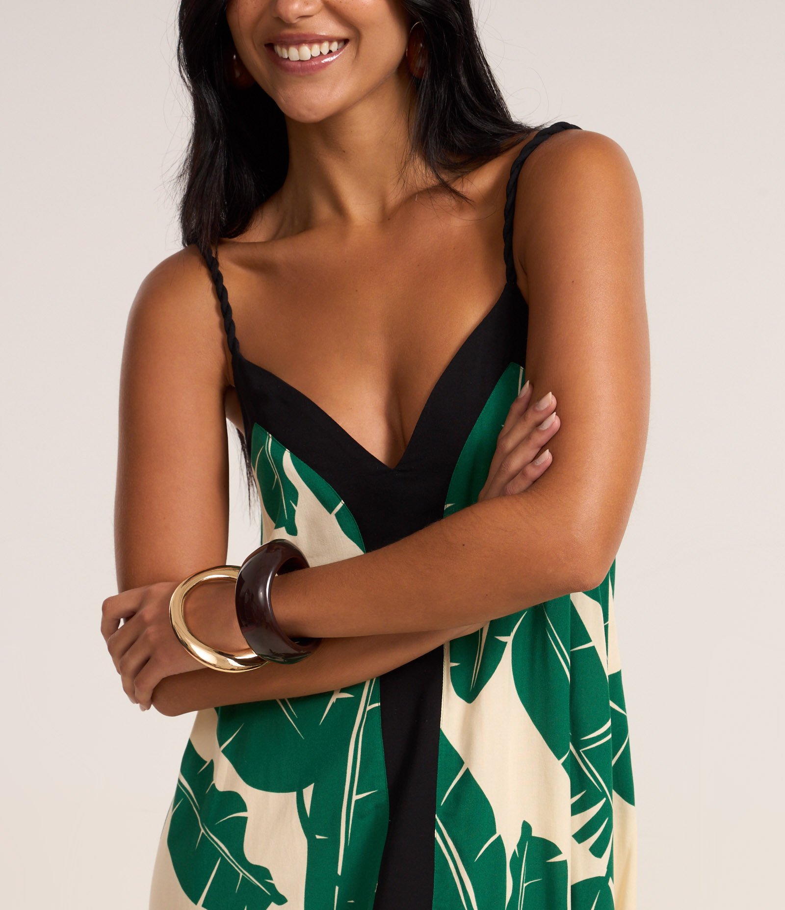 Vestido Midi com Estampa de Folhagem e Pontas Bege/Preto/Verde 3