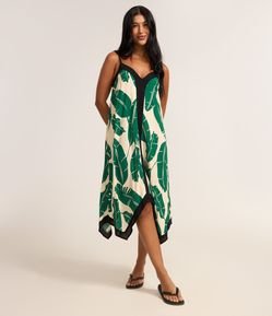 Vestido Midi com Estampa de Folhagem e Pontas