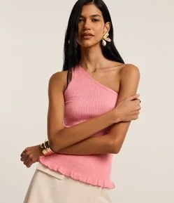 Blusa em Tricô com Decote Ombro Só e Babado na Barra