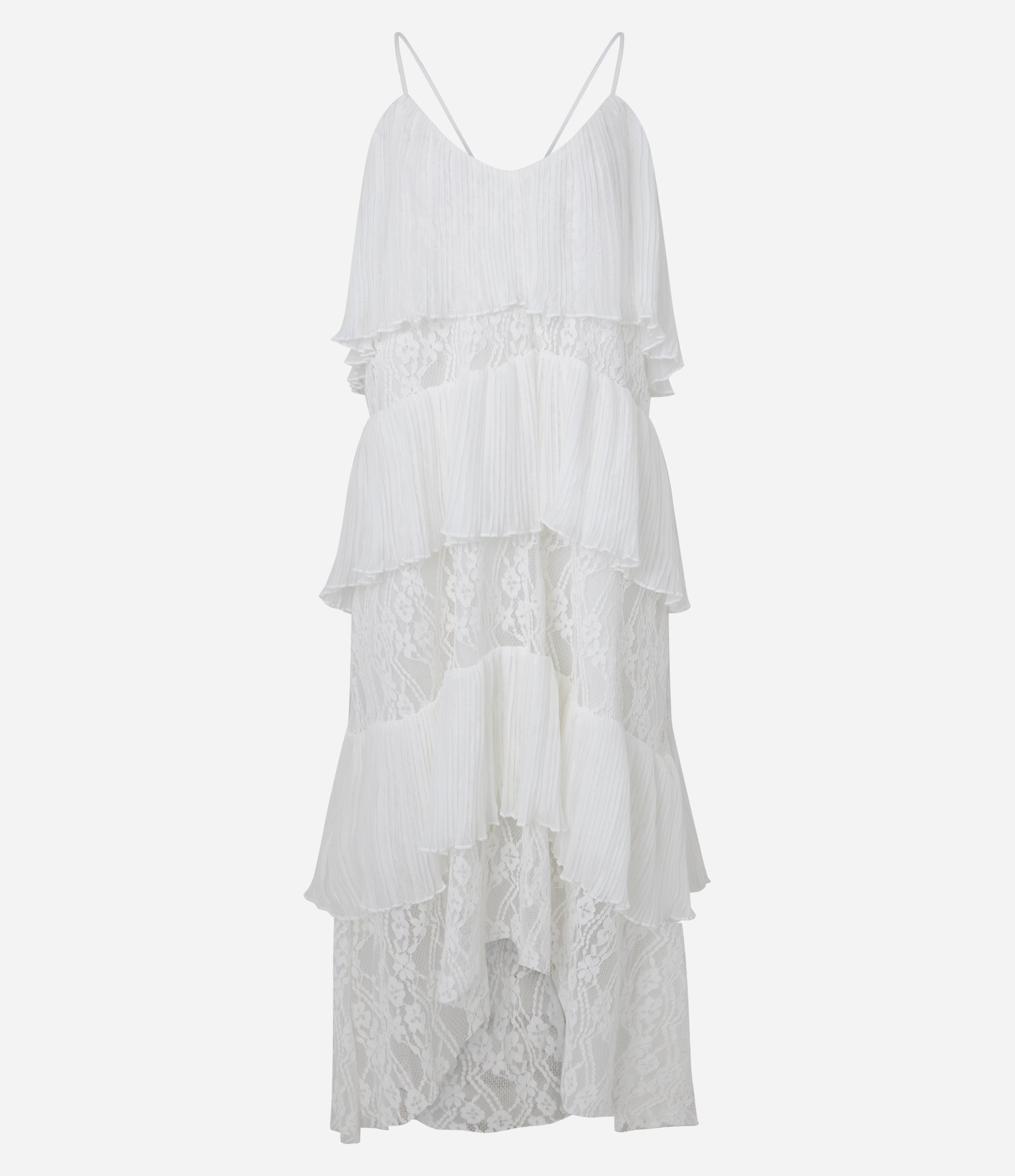 Vestido Evasê Midi em Chiffon com Sobreposição e Renda Floral Off White 7