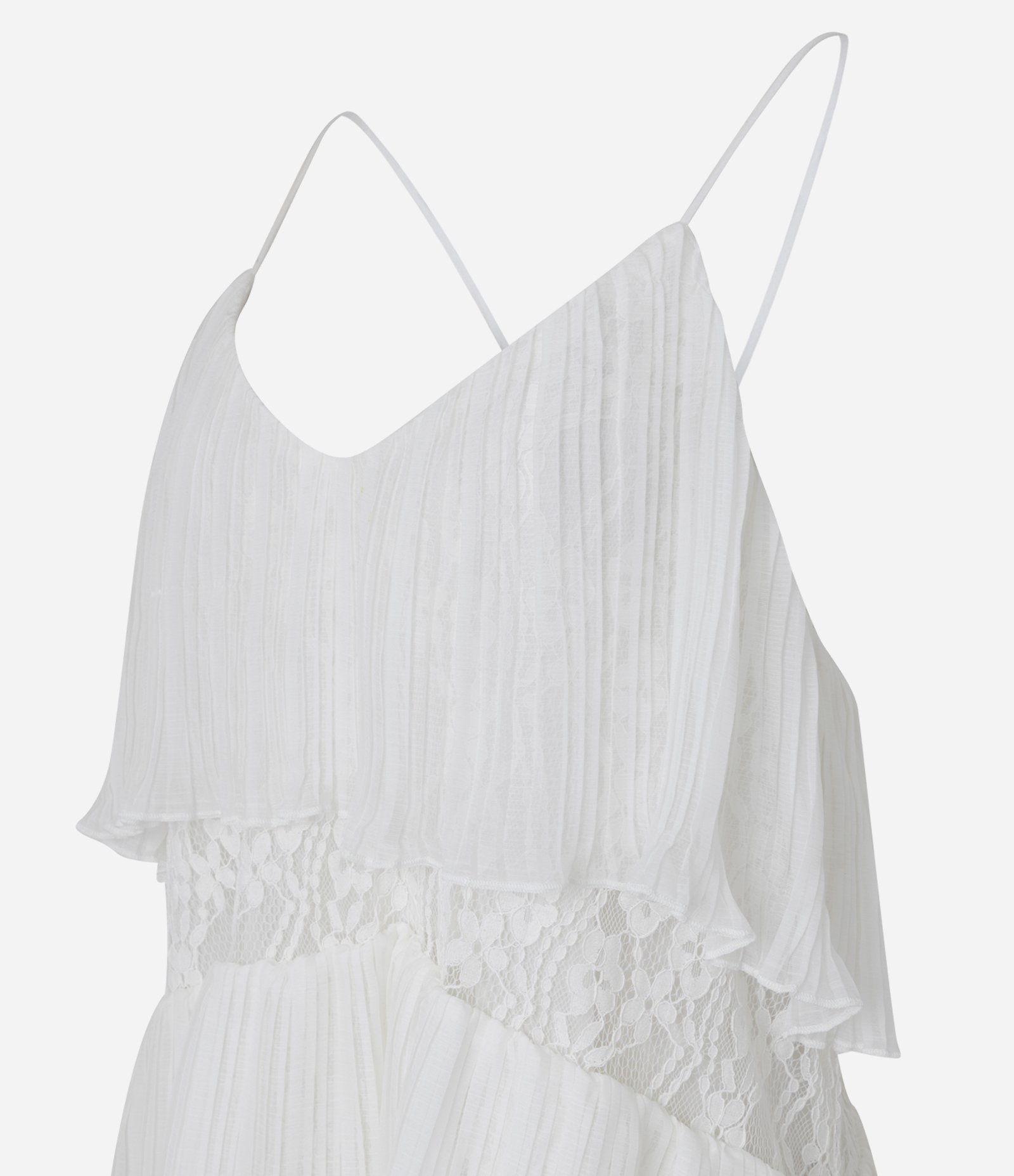 Vestido Evasê Midi em Chiffon com Sobreposição e Renda Floral Off White 8