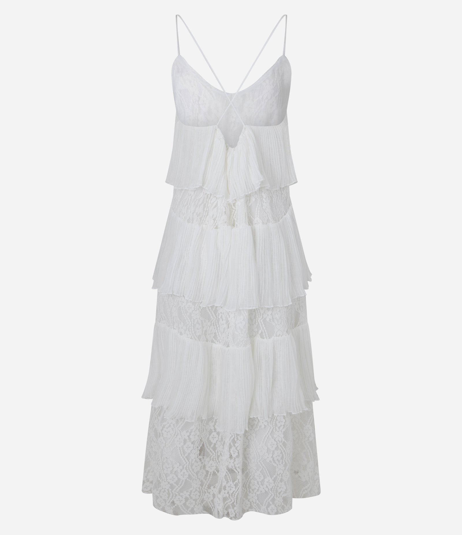 Vestido Evasê Midi em Chiffon com Sobreposição e Renda Floral Off White 9