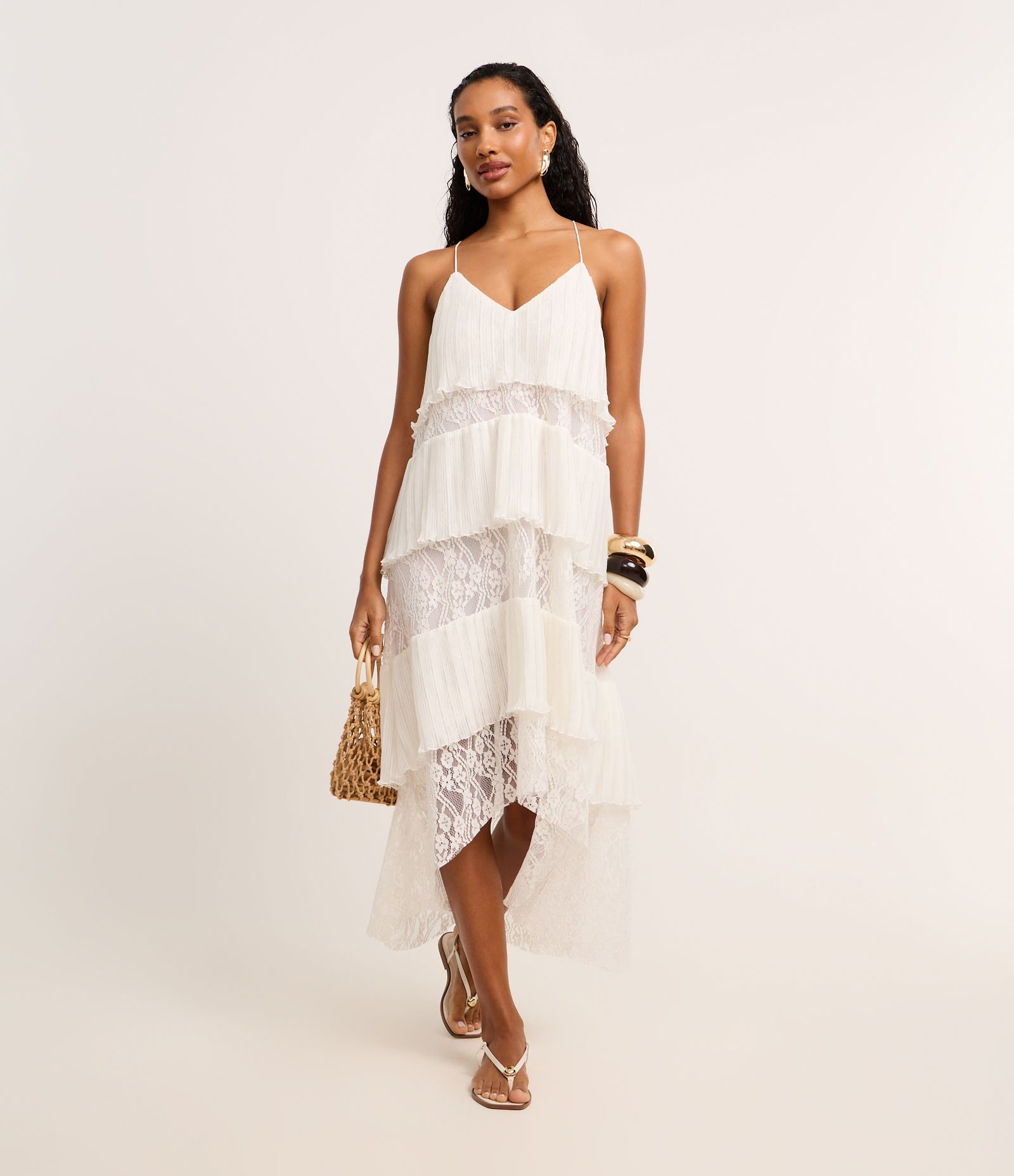 Vestido Evasê Midi em Chiffon com Sobreposição e Renda Floral Off White 2