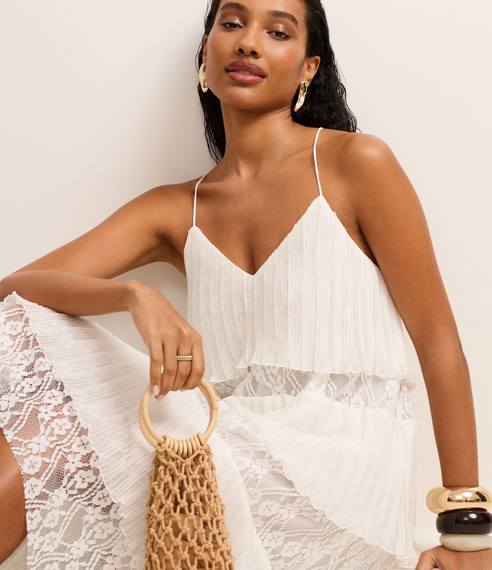 Vestido Evasê Midi em Chiffon com Sobreposição e Renda Floral Off White 6