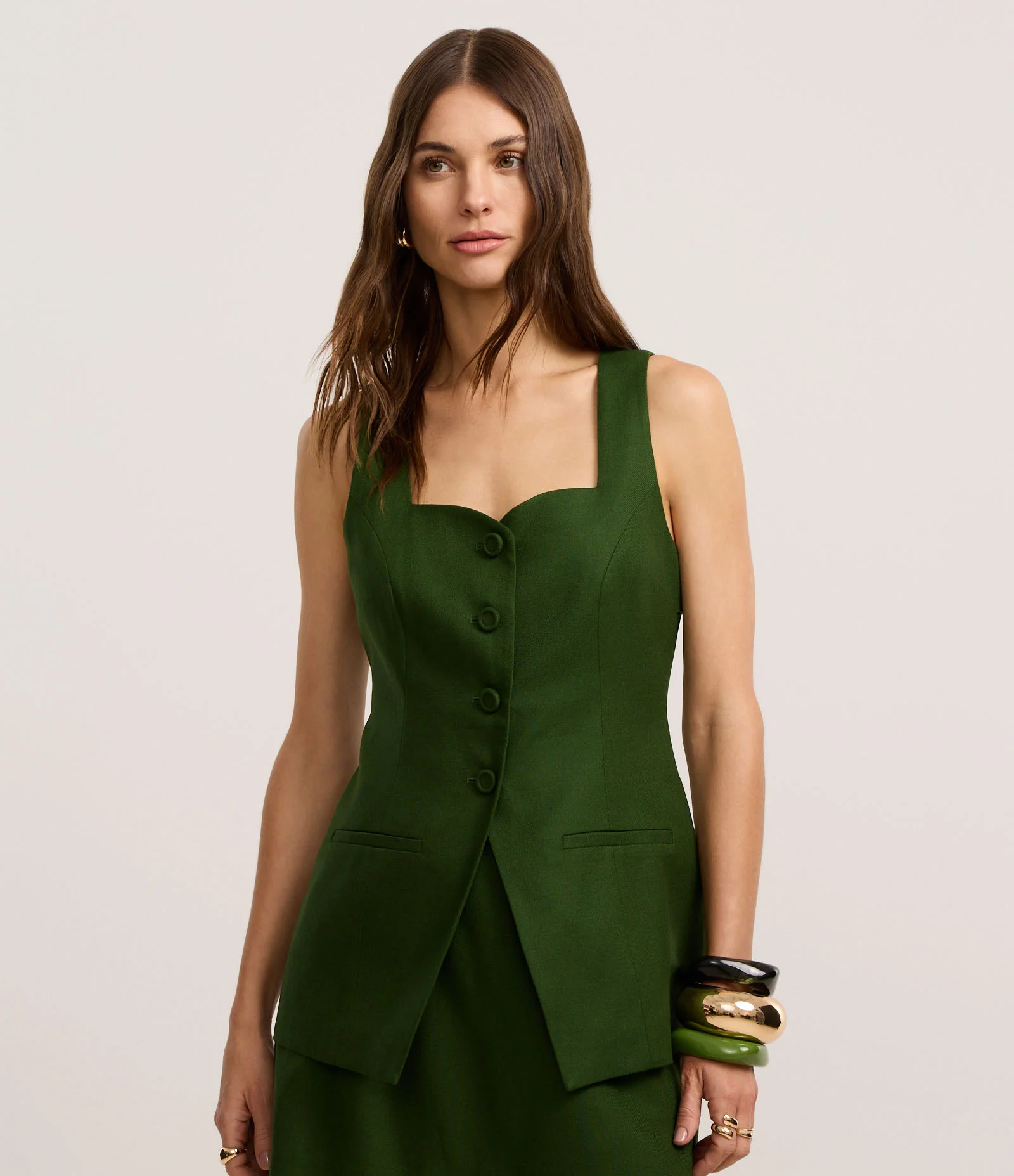 Colete Alfaiatado Acinturado em Viscolinho com Barra V Verde 1