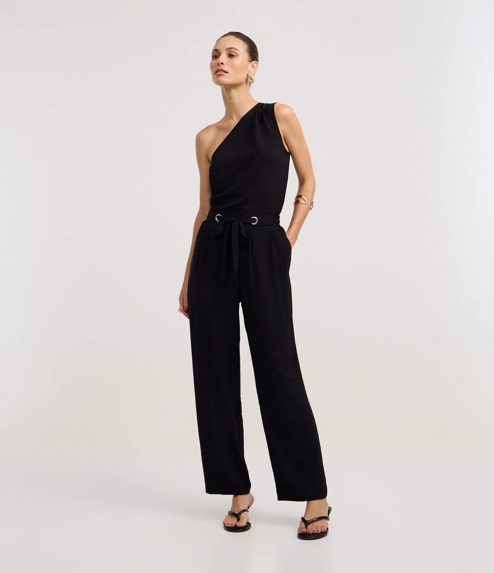 Calça Reta Cintura Alta com Amarração na Cintura Preto 1