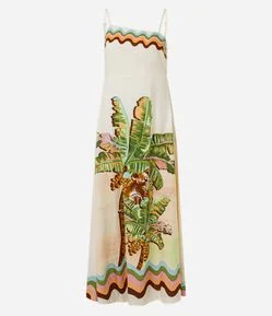 Vestido Long Midi em Viscolinho com Decote Assimétrico e Estampa Tropical