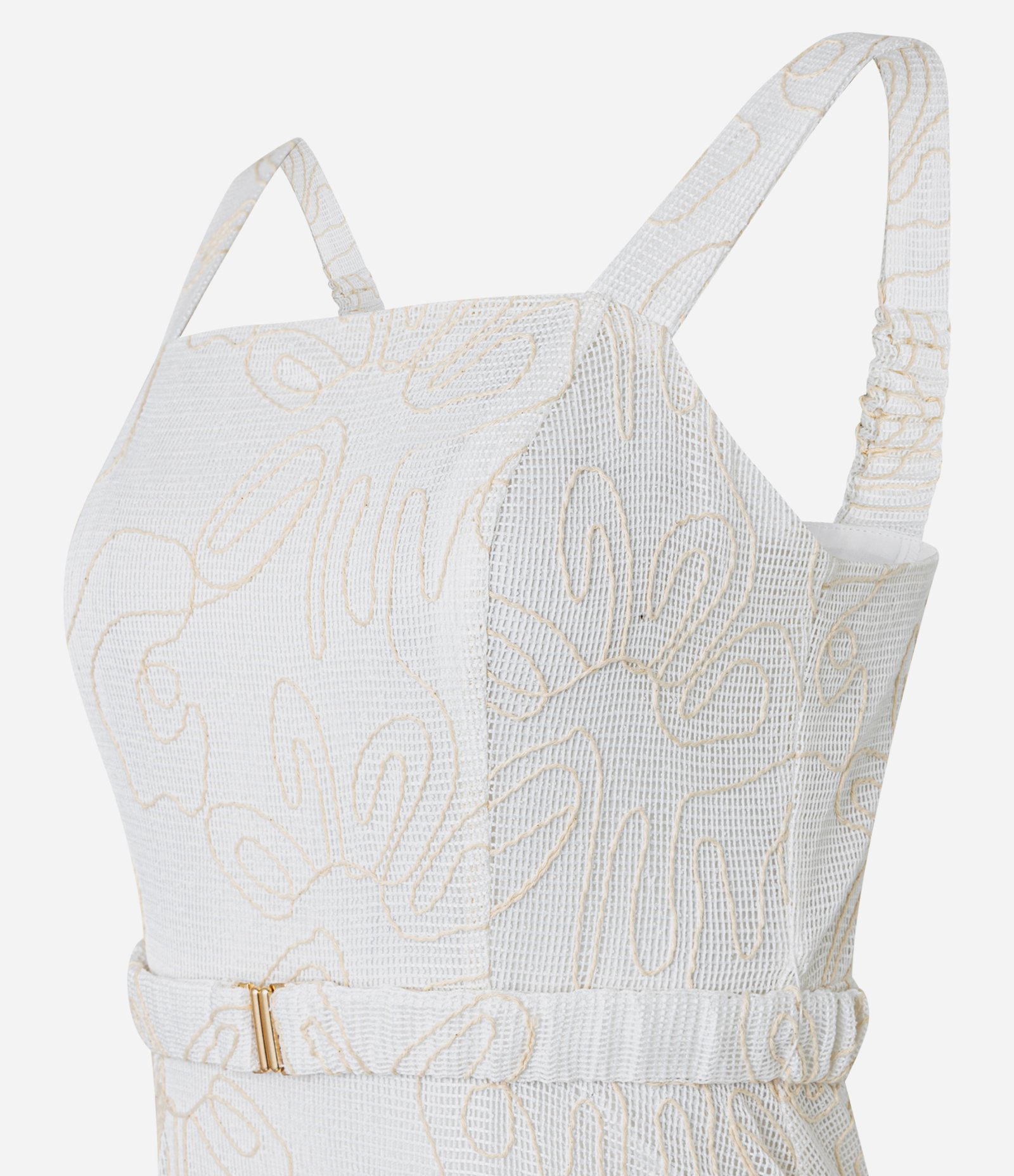 Vestido Evasê Midi com Decote Quadrado e Bordado Abstrato Off White 7