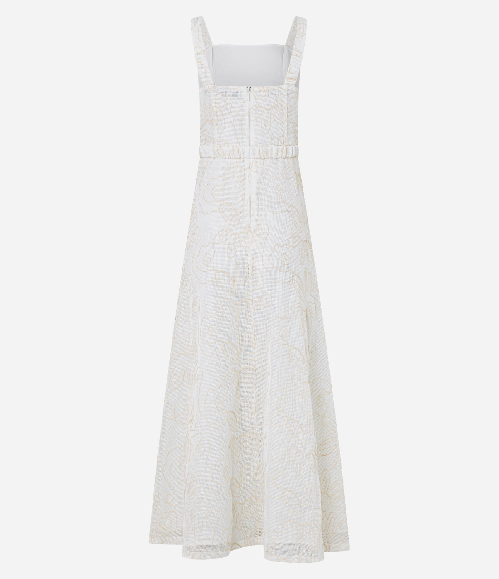 Vestido Evasê Midi com Decote Quadrado e Bordado Abstrato Off White 9