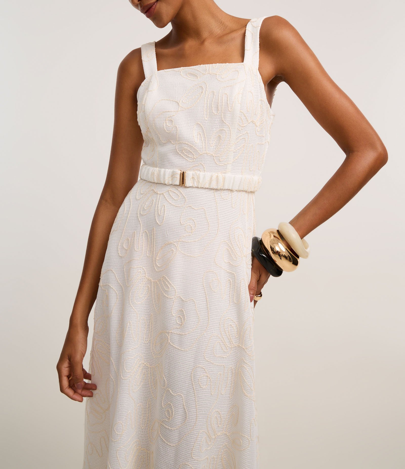 Vestido Evasê Midi com Decote Quadrado e Bordado Abstrato Off White 3