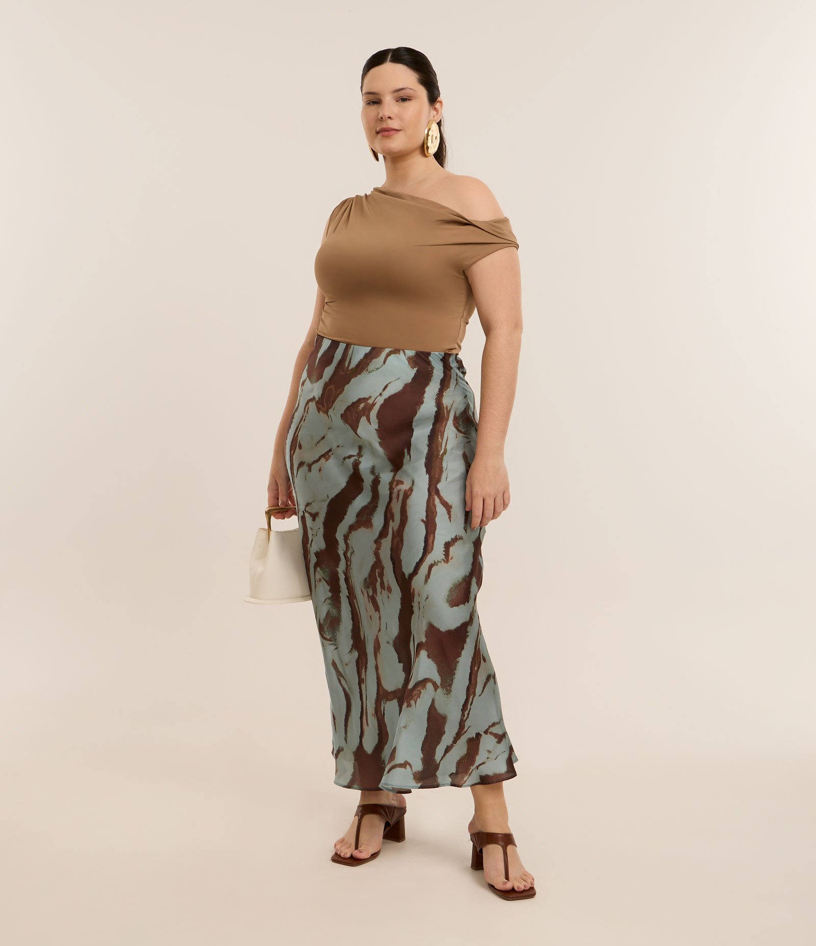 Saia Longa com Estampa de Manchas Curve & Plus Size Verde/Marrom 2