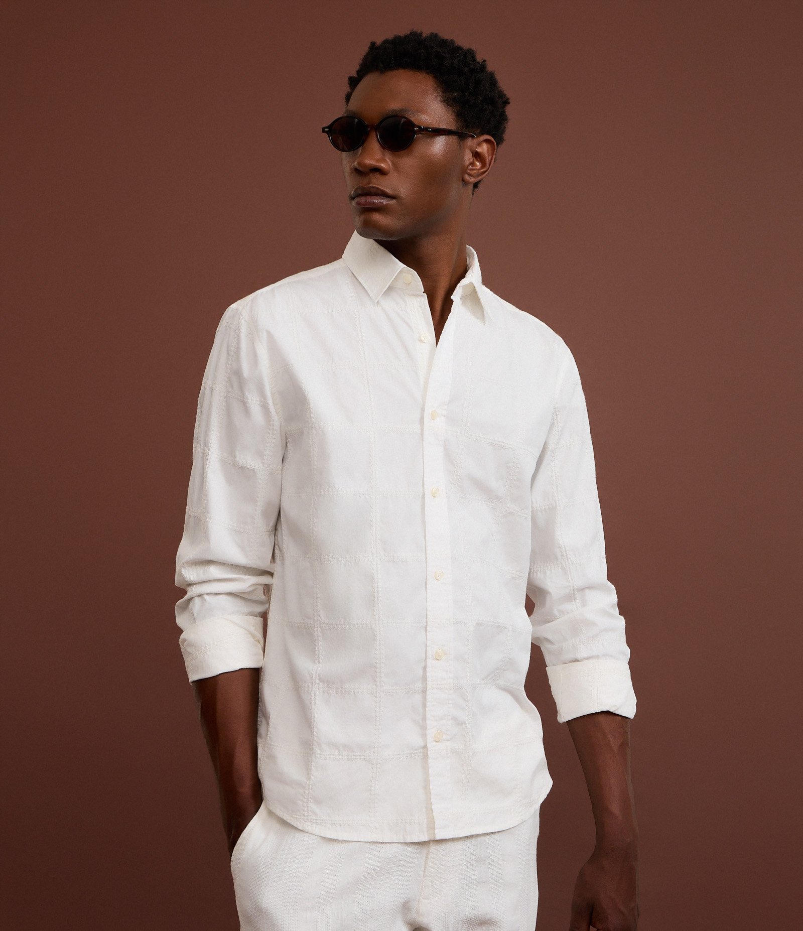 Camisa em Algodão com Bordado Quadriculado Texturizada Off White 1