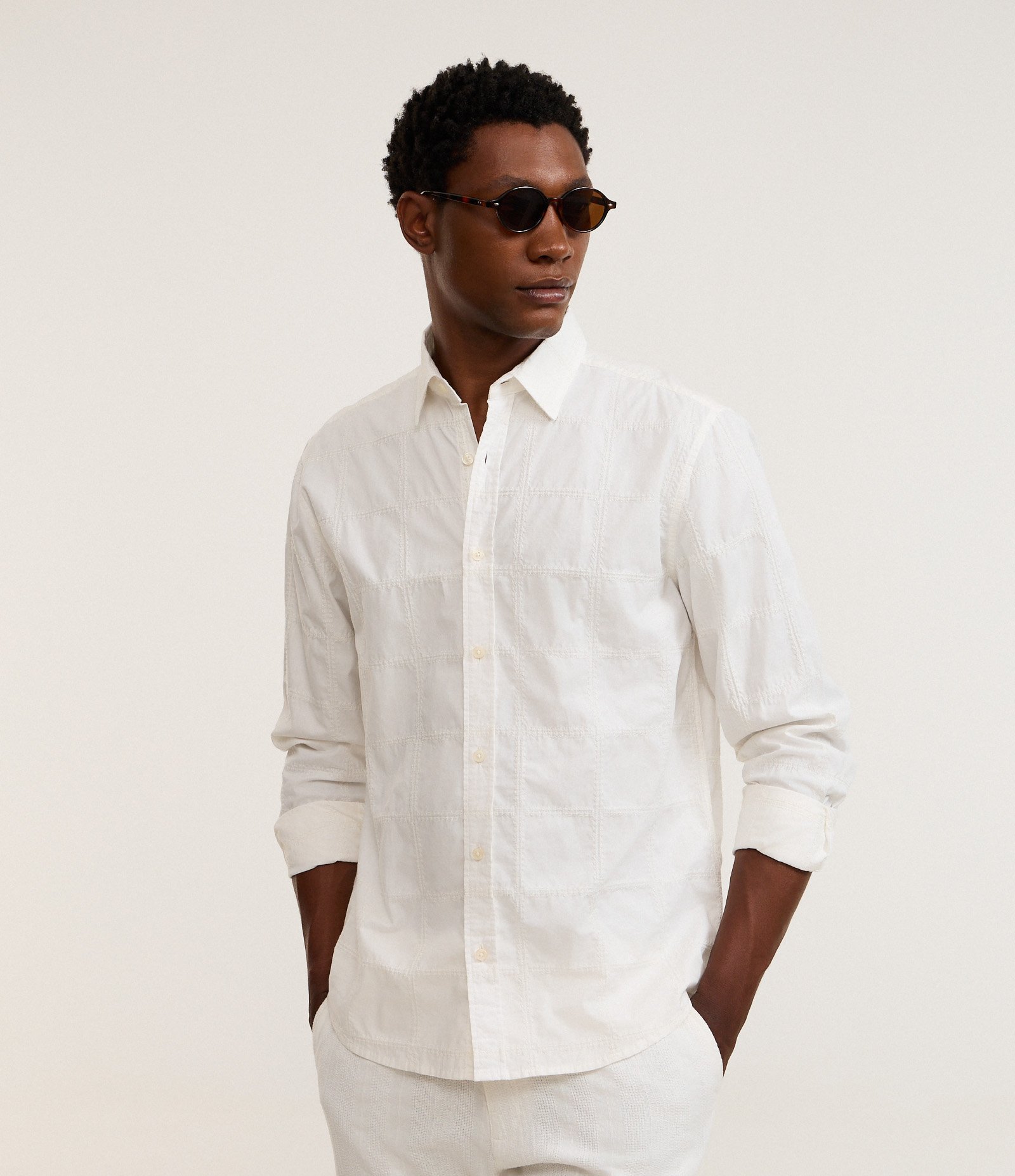 Camisa em Algodão com Bordado Quadriculado Texturizada Off White 4