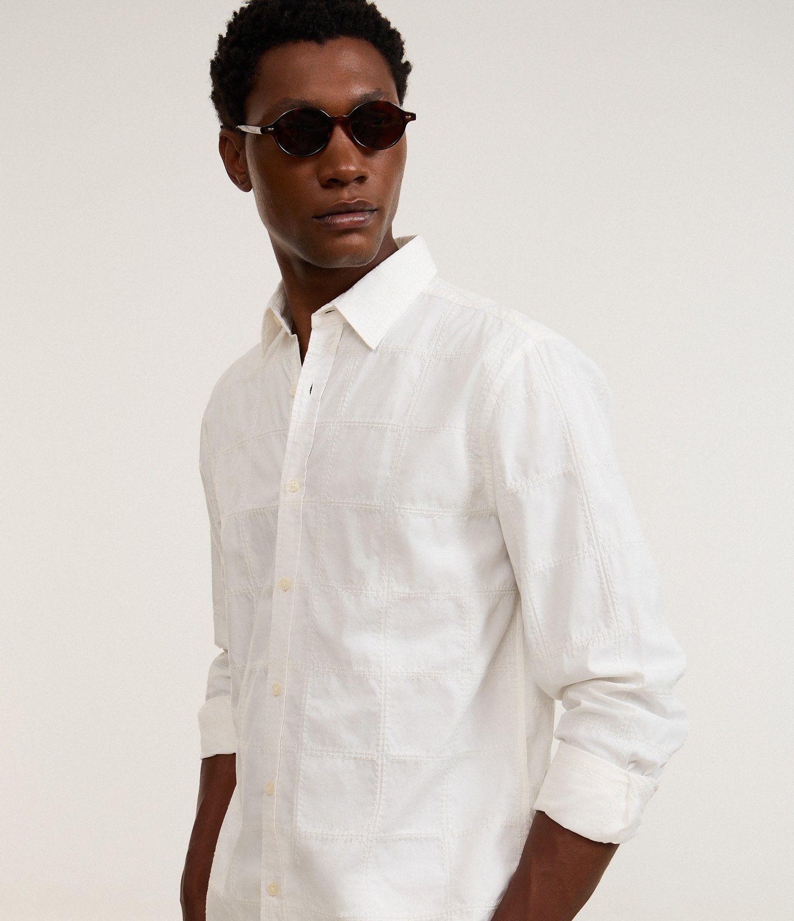 Camisa em Algodão com Bordado Quadriculado Texturizada Off White 7