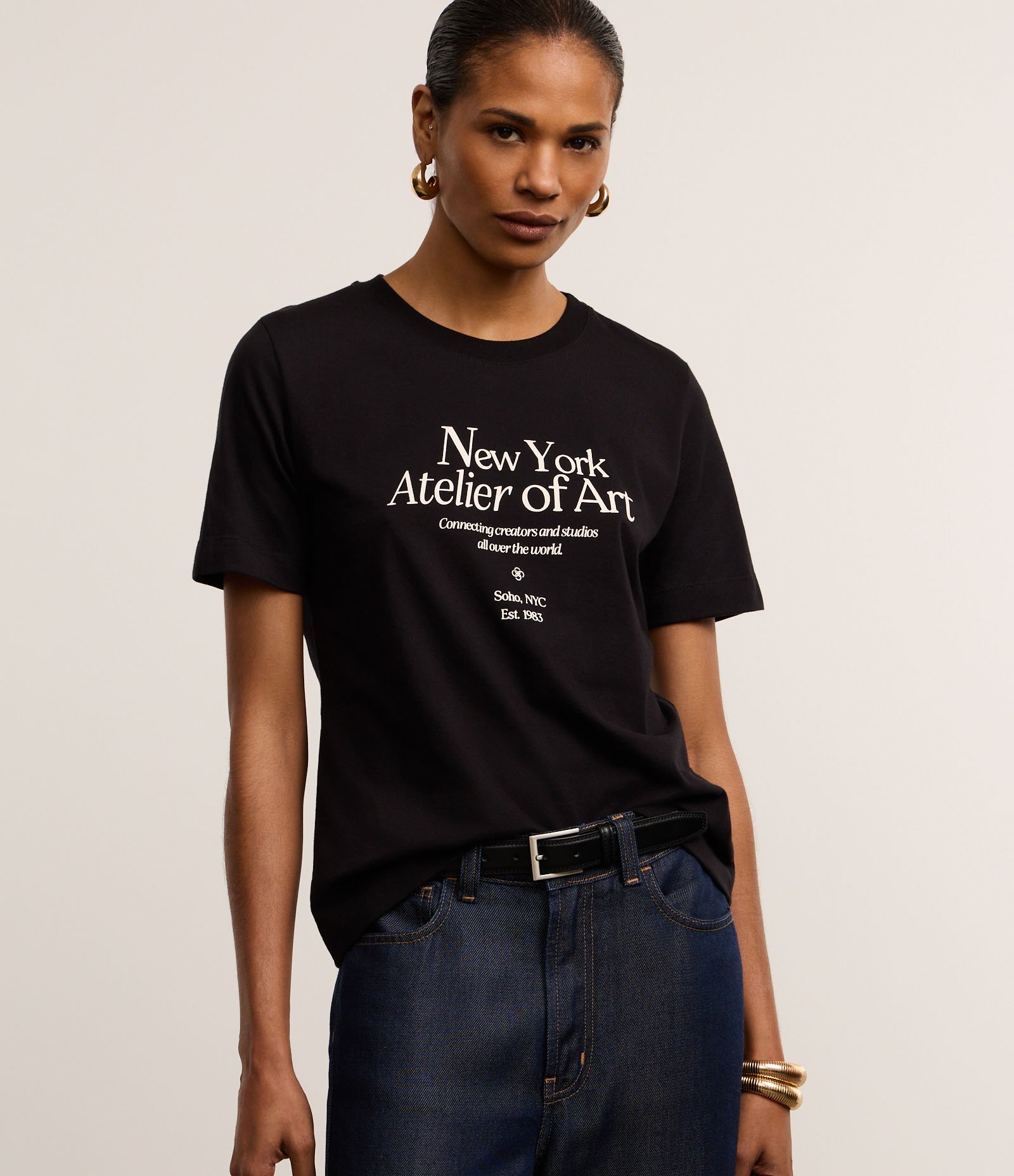 Camiseta Slim em Algodão com Estampa New York Atelier Preto 1