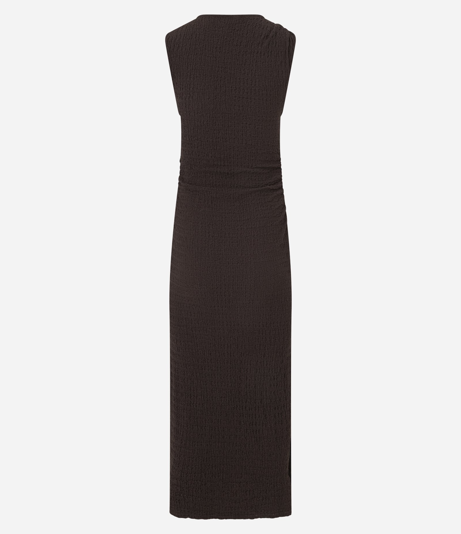 Vestido Longo Texturizado com Franzido Lateral e Nó na Alça Marrom 9
