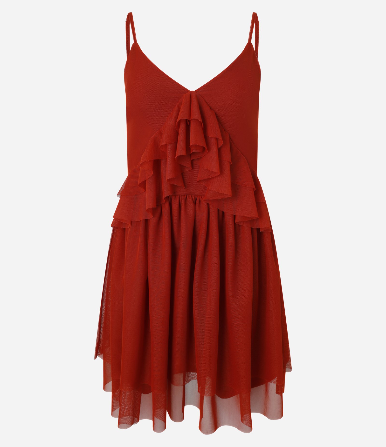 Vestido Curto em Tule com Babado e Saia Sobreposta Vermelho Terracota 4
