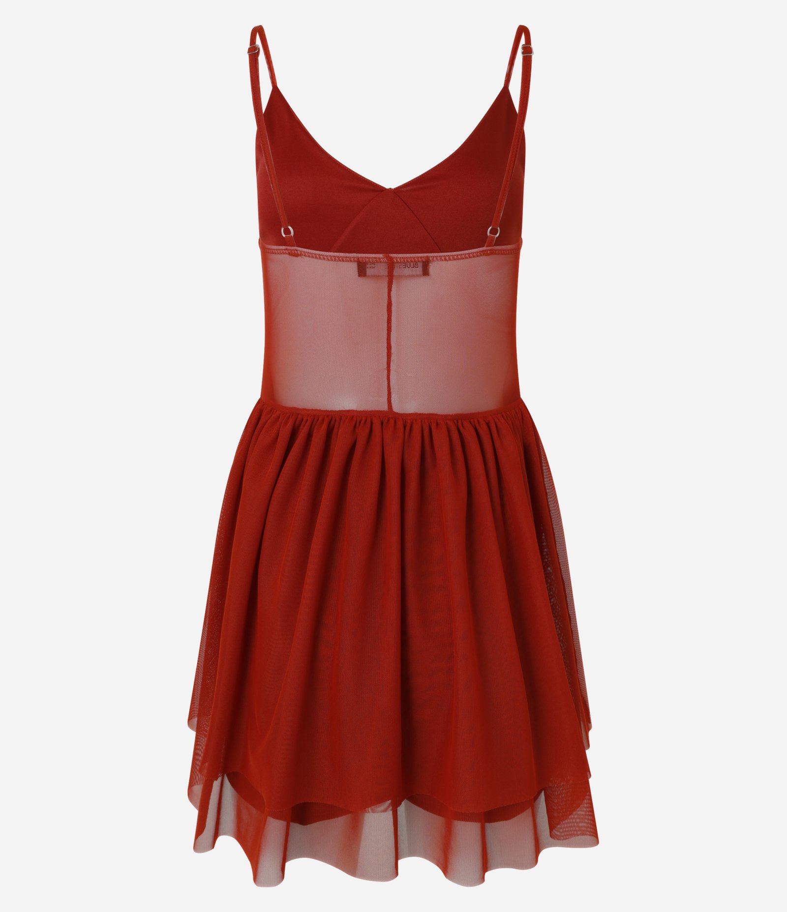 Vestido Curto em Tule com Babado e Saia Sobreposta Vermelho Terracota 5