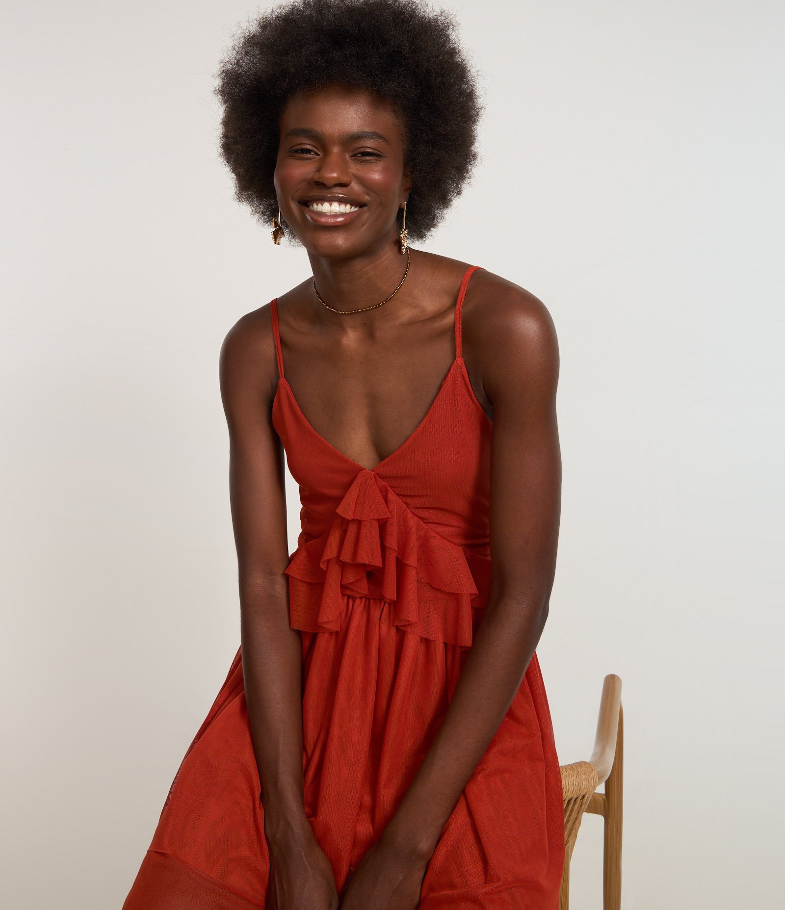 Vestido Curto em Tule com Babado e Saia Sobreposta Vermelho Terracota 1