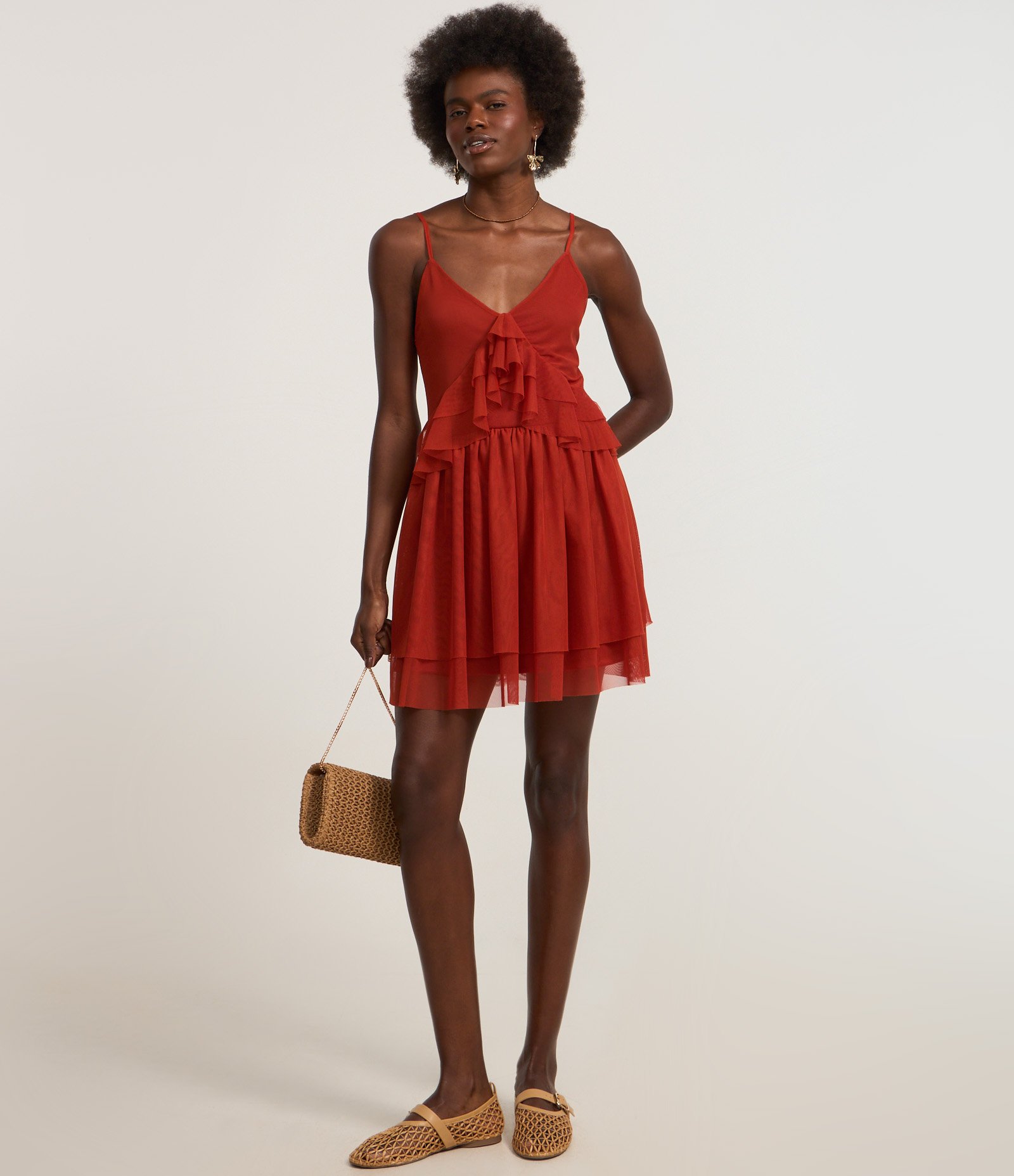 Vestido Curto em Tule com Babado e Saia Sobreposta Vermelho Terracota 2